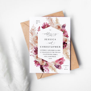 Boho Pink Pampas Grass Floral Wedding  Invitation