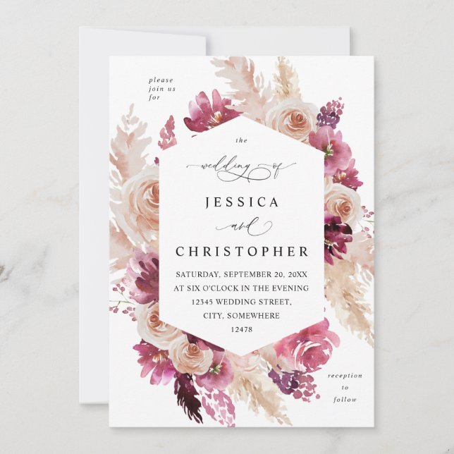 Boho Pink Pampas Grass Floral Wedding Pink Invitation (Front)