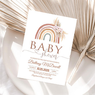 Boho Pink Pampas Grass Rainbow Baby Shower Invite