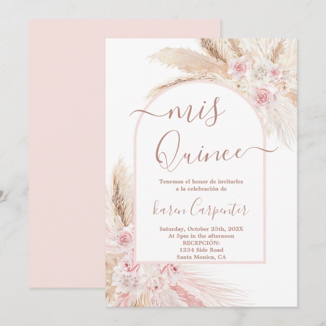 Boho Pink Pampas Quinceanera Invitation (Front/Back)