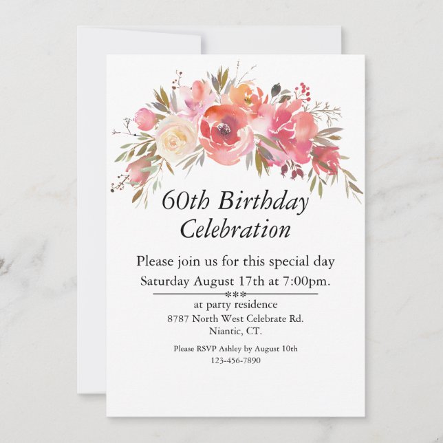 Boho Pink Peach Floral Greenery Customisable 60th  Invitation (Front)