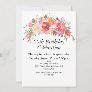 Boho Pink Peach Floral Greenery Customisable 60th Invitation