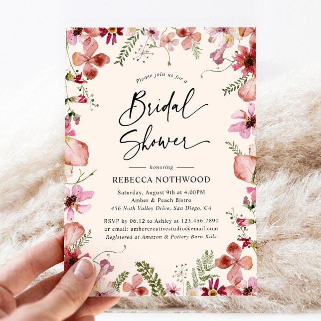 Boho Pink Peach Florals Botanical Bridal Shower Invitation (Creator Uploaded)