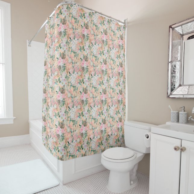 Boho Pink Peach White Floral Eucalyptus Trendy Shower Curtain (In Situ)