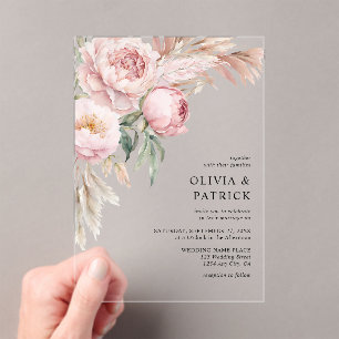 Boho Pink Peonies & Pampas Grass Floral Wedding Acrylic Invitations