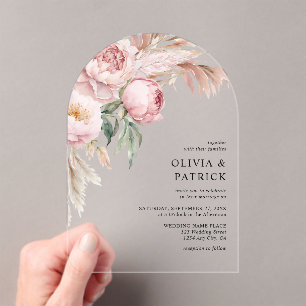 Boho Pink Peonies & Pampas Grass Floral Wedding Acrylic Invitations