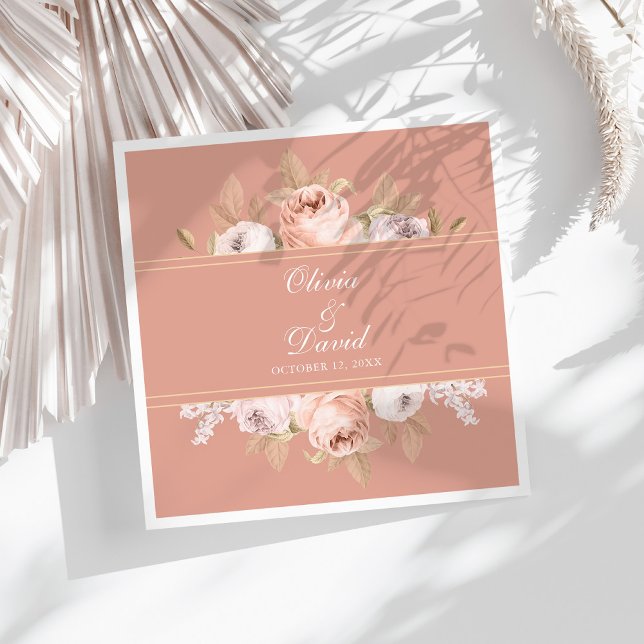 Boho Pink Peonies Wedding Napkin (Boho Pink Peonies Wedding Paper Dinner Napkins on a sunny white table.)