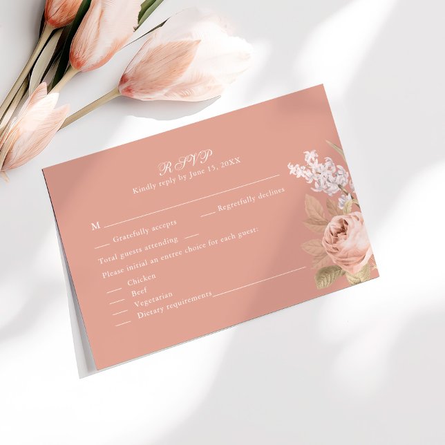 Boho Pink Peonies Wedding RSVP Card (Boho Pink Peonies Wedding RSVP Card on a sunny white table with pale pink flowers.)