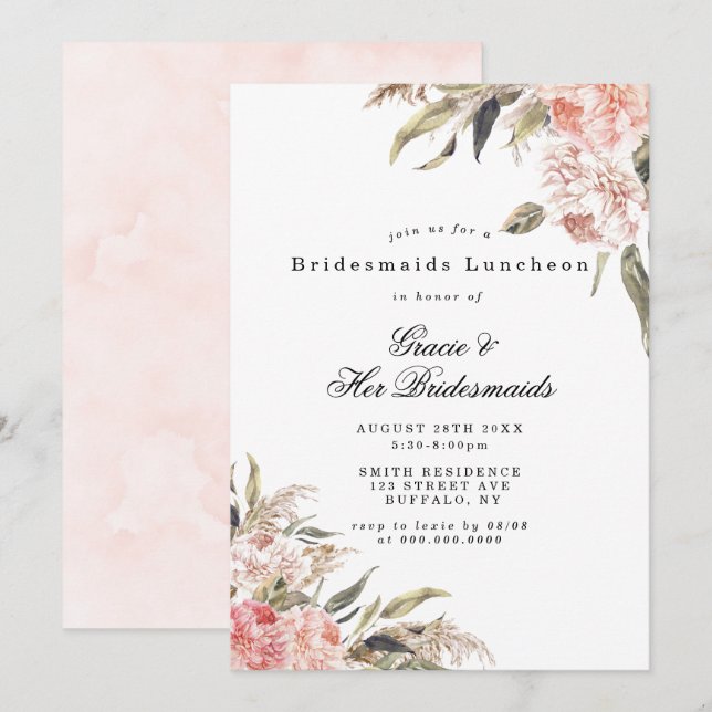 Boho Pink Peony Bridesmaids Luncheon Invites (Front/Back)