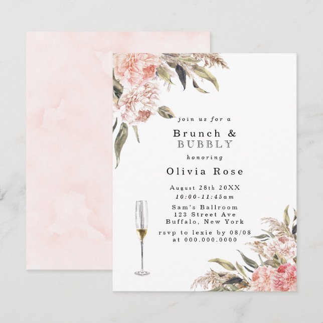 Boho Pink Peony Brunch & Bubbly Invitation (Front/Back)