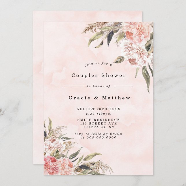 Boho Pink Peony Couples Shower Invitations (Front/Back)