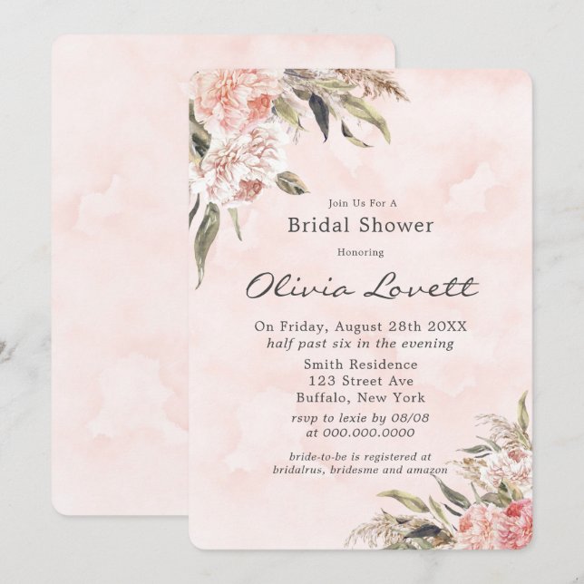 Boho Pink Peony Pampas Bridal Shower Invitations (Front/Back)