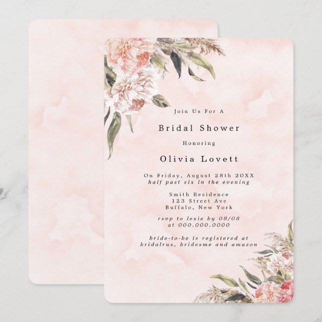 Boho Pink Peony Pampas Bridal Shower Invitations (Front/Back)