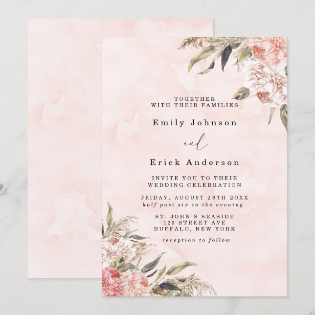 Boho Pink Peony Pampas Grass Wedding Invitation (Front/Back)
