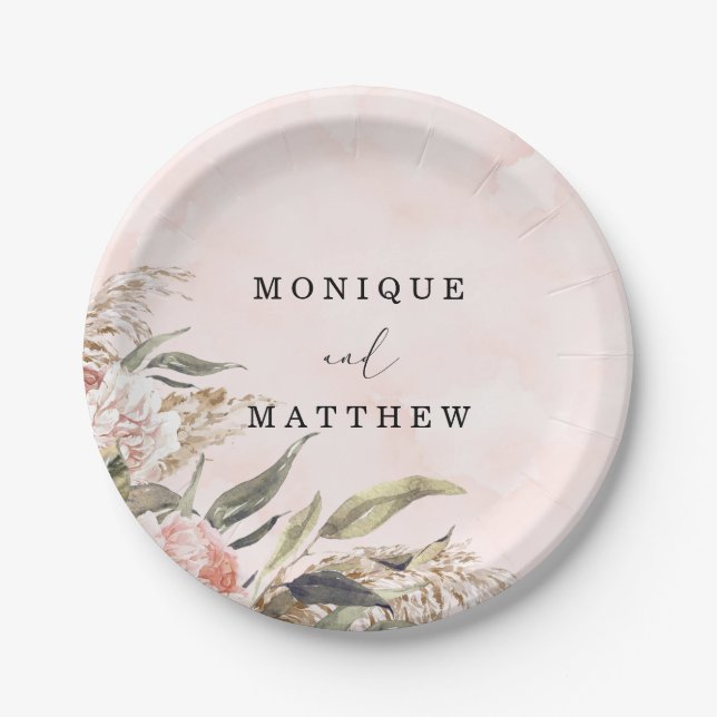 Boho Pink Peony Pampas Grass Wedding Paper Plate (Front)