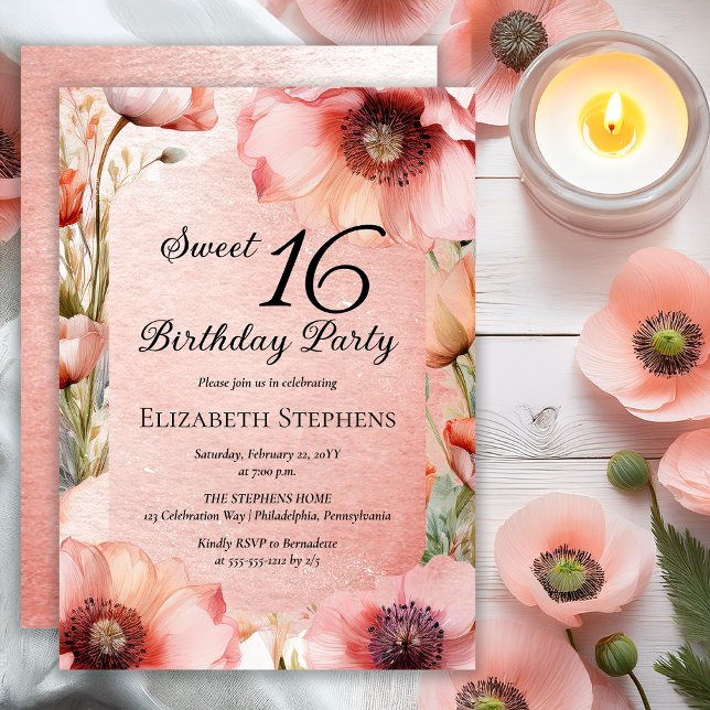 Boho Pink Poppies Floral Sweet 16 Birthday Party Invitation (Elegant Pink Poppies Floral Sweet 16 Birthday Party Invitation - Print | Digital Download)