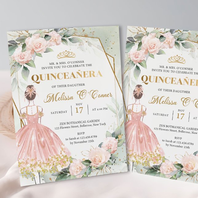 Boho Pink princess dress blush flowers Quinceanera Invitation (Trendy pink and gold quinceanera invitation template)