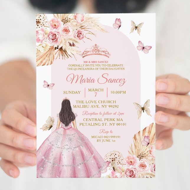 Boho Pink Princess Floral Mexican Quinceañera Invitation (Creator Uploaded)