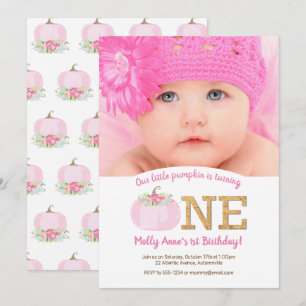 Boho Pink Pumpkin Fall 1st Birthday Girl Photo Invitation