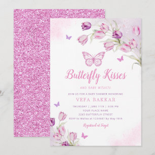 Boho Pink Purple Floral Butterfly Girl Baby Shower Invitation