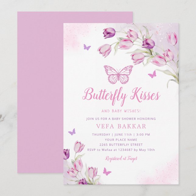 Boho Pink Purple Floral Butterfly Girl Baby Shower Invitation (Front/Back)
