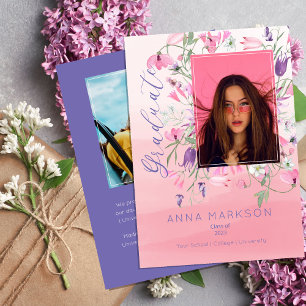 Boho Pink Purple Watercolor Wildflowers Graduate Invitation