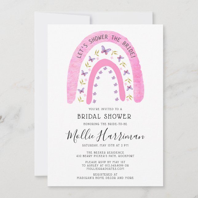 Boho Pink Rainbow Butterfly Bridal Shower Invitation (Front)