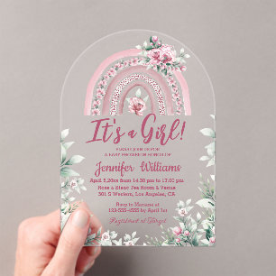 boho pink rainbow floral girl baby shower acrylic invitations
