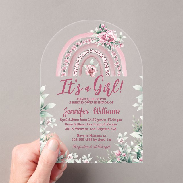 boho pink rainbow floral girl baby shower acrylic invitations (Insitu (Handheld))