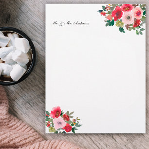 Boho pink & red floral, customised name custom letterhead
