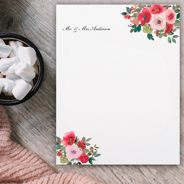 Boho pink & red floral, customised name custom letterhead (Creator Uploaded)