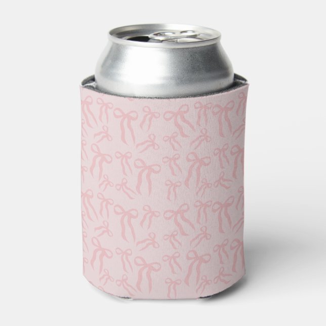 Boho Pink Ribbon Bows Pattern On Powder Blush Pink Can Cooler (Can Front)