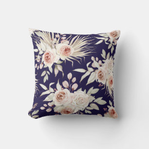 Boho Pink Roses on Navy Blue Cushion