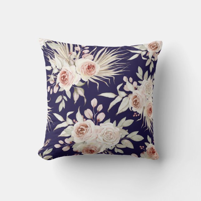 Boho Pink Roses on Navy Blue Cushion (Front)