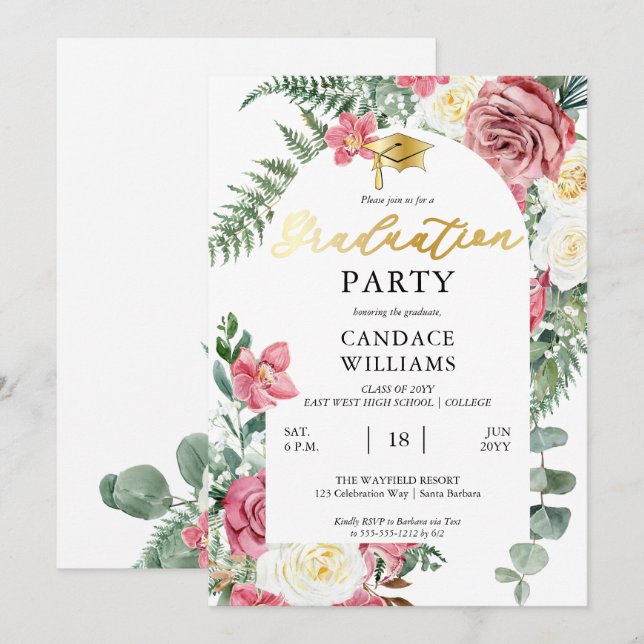 Boho Pink Roses | Orchids Floral Graduation Party Invitation (Front/Back)