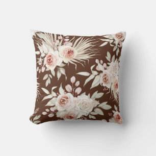 Boho Pink Roses Pattern on Rich Brown Cushion