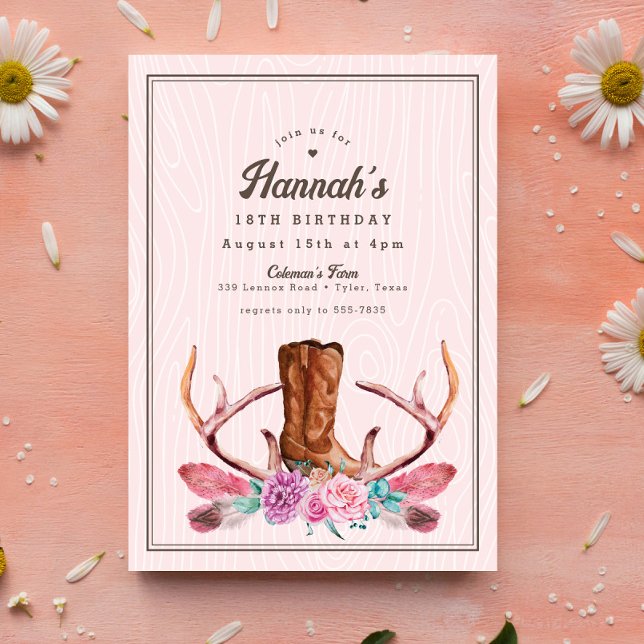 Boho Pink Rustic Cowgirl Boot Birthday Invitation (Creator Uploaded)