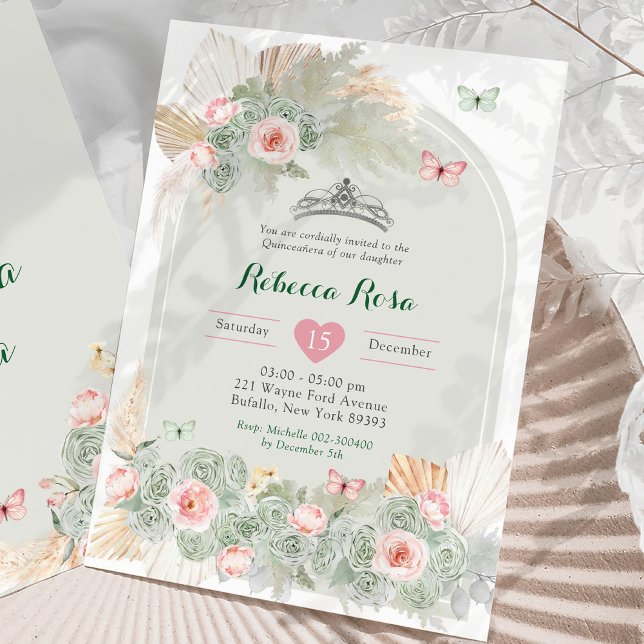 Boho Pink Sage Green Royal Crown Quinceañera Invitation (Creator Uploaded)
