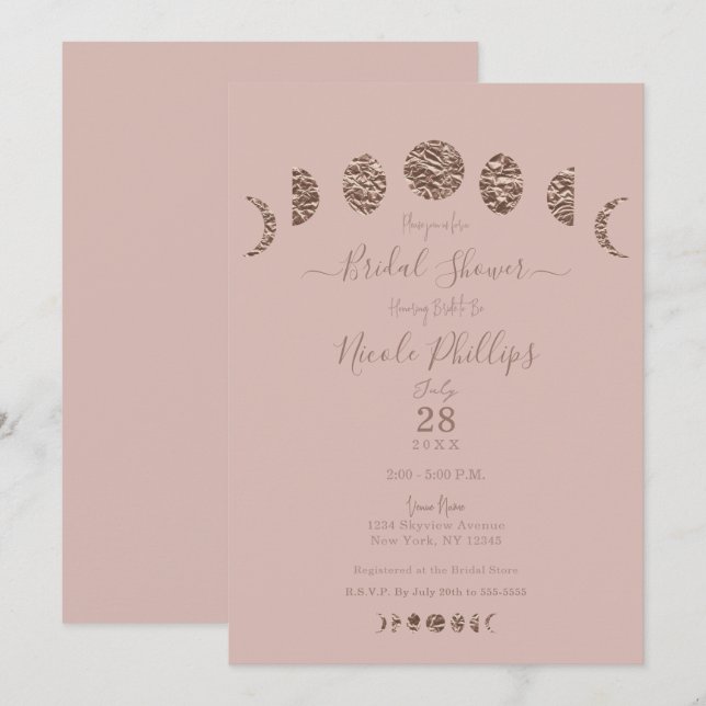 Boho Pink Shine Moon Phases Modern Bridal Shower  Invitation (Front/Back)