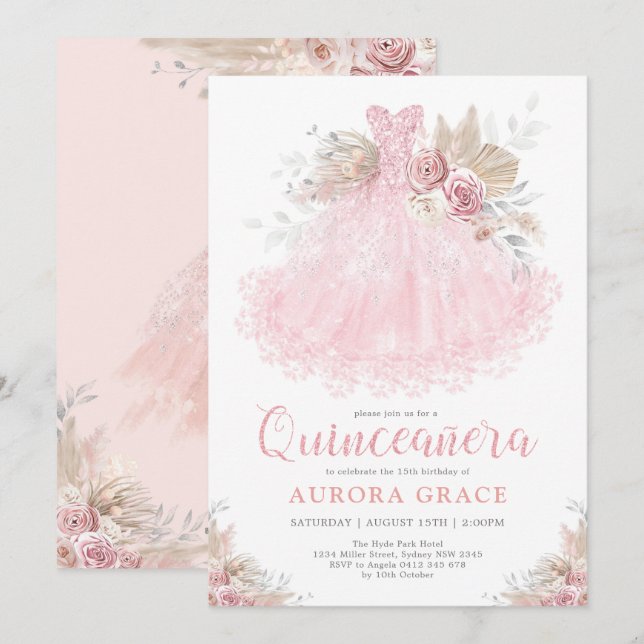 Boho Pink Silver Quinceañera Party Ball Gown Invitation (Front/Back)