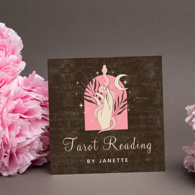 Boho Pink Snake Healing Hand Celestial Moon Tarot Square Business Card (Creator Uploaded)