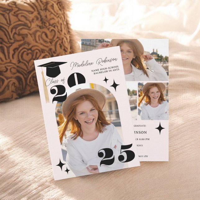 Boho Pink Stars Modern 4-Photo Graduation  Invitation (Boho Pink Stars Modern 4-Photo Graduation Invitation)