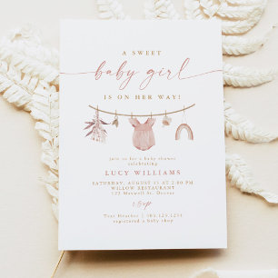 Boho Pink Sweet Baby Girl Clothesline Baby Shower Invitation
