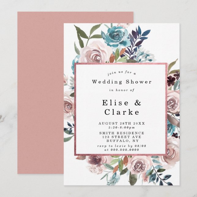 Boho Pink Teal Peony Wedding Shower Invitations (Front/Back)
