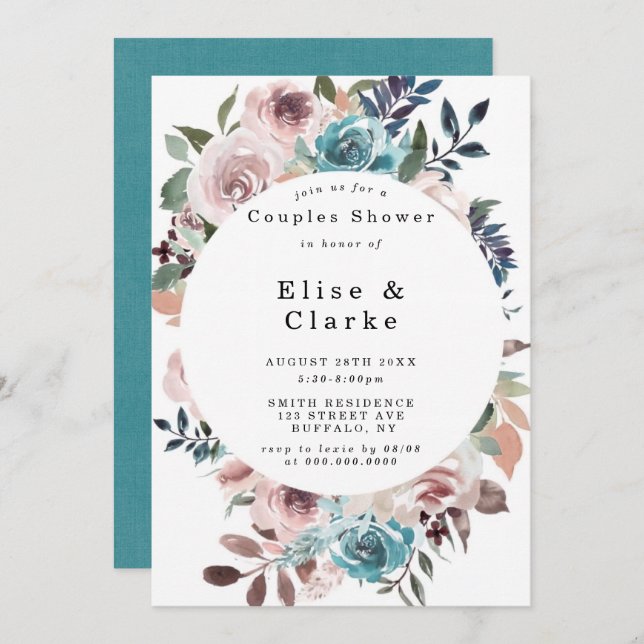Boho Pink Teal Plum Peony Couples Shower Invites (Front/Back)