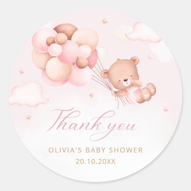 Boho Pink Teddy Bear Girl Baby Shower Thank You Classic Round Sticker (Front)