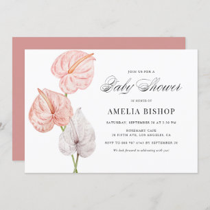 Boho Pink Watercolor Anthuriums Baby Shower Invitation