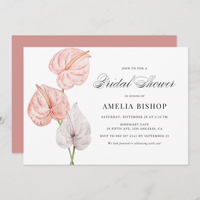 Boho Pink Watercolor Anthuriums Bridal Shower Invitation (Front/Back)