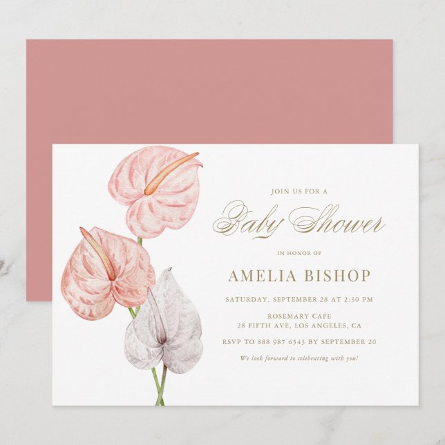 Boho Pink Watercolor Anthuriums Gold Baby Shower Invitation (Front/Back)