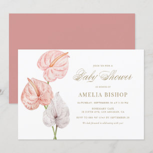 Boho Pink Watercolor Anthuriums Gold Baby Shower Invitation